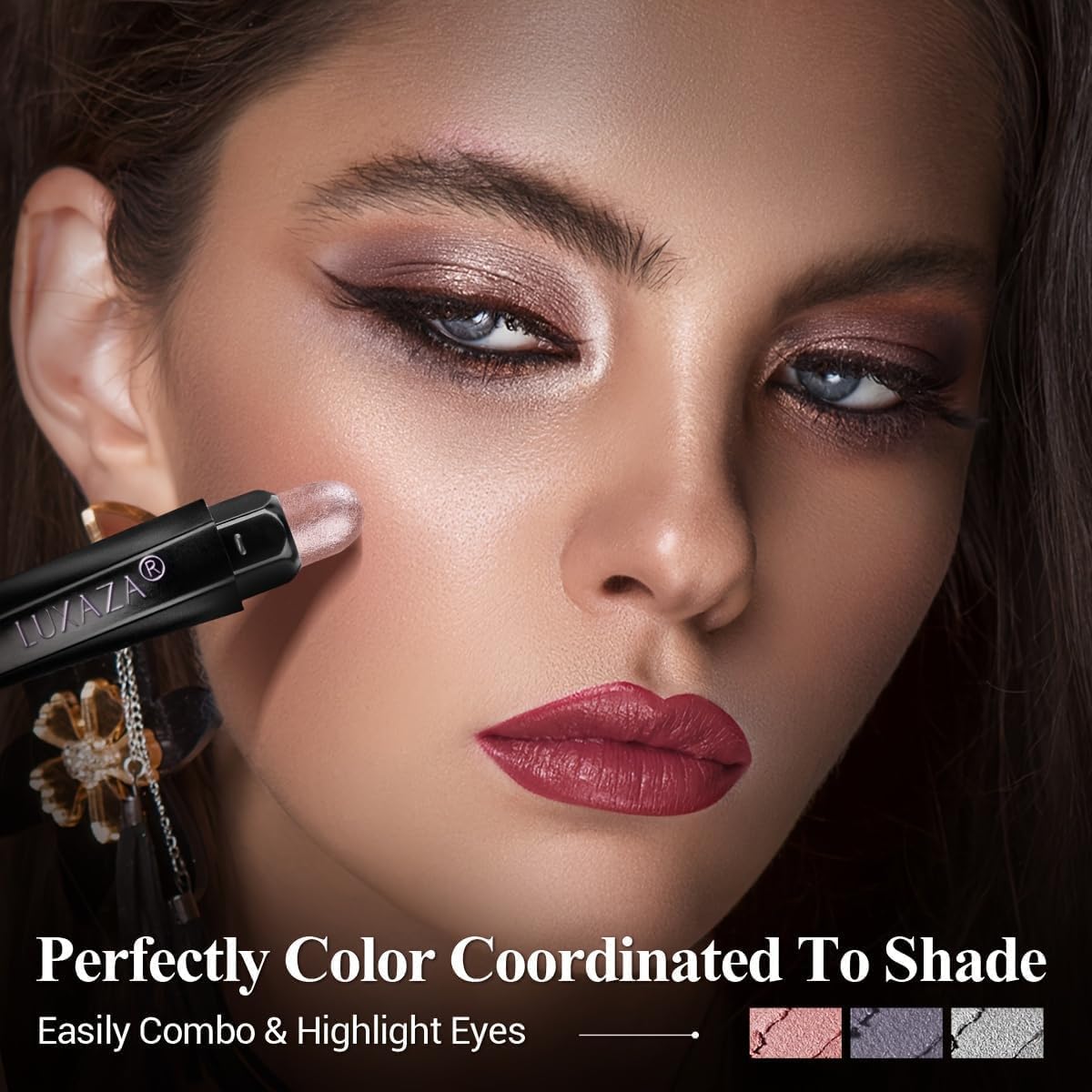 LUXAZA PRO metallic bronze smoky eyeliner sticks define eyes.