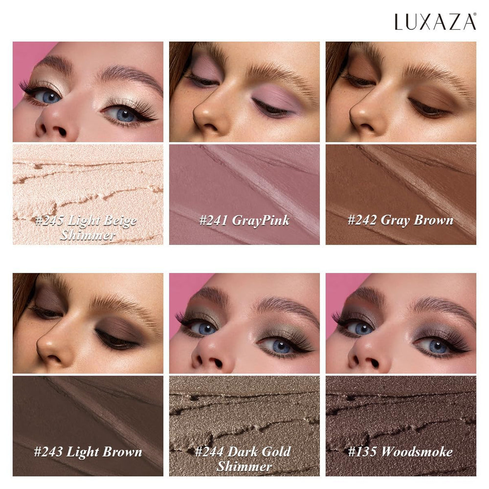 Luxaza Pro neutral eyeshadow swatch on eyelid, rich color payoff.