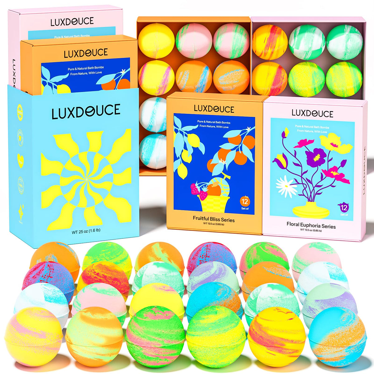 LUXDOUCE Floral Euphoria bath bombs with mood-lifting scents and vibrant fizz