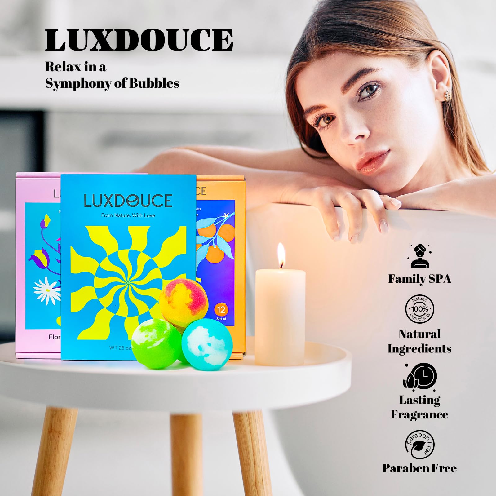 LUXDOUCE Bath Bombs designed to moisturize and smooth skin as you soak
