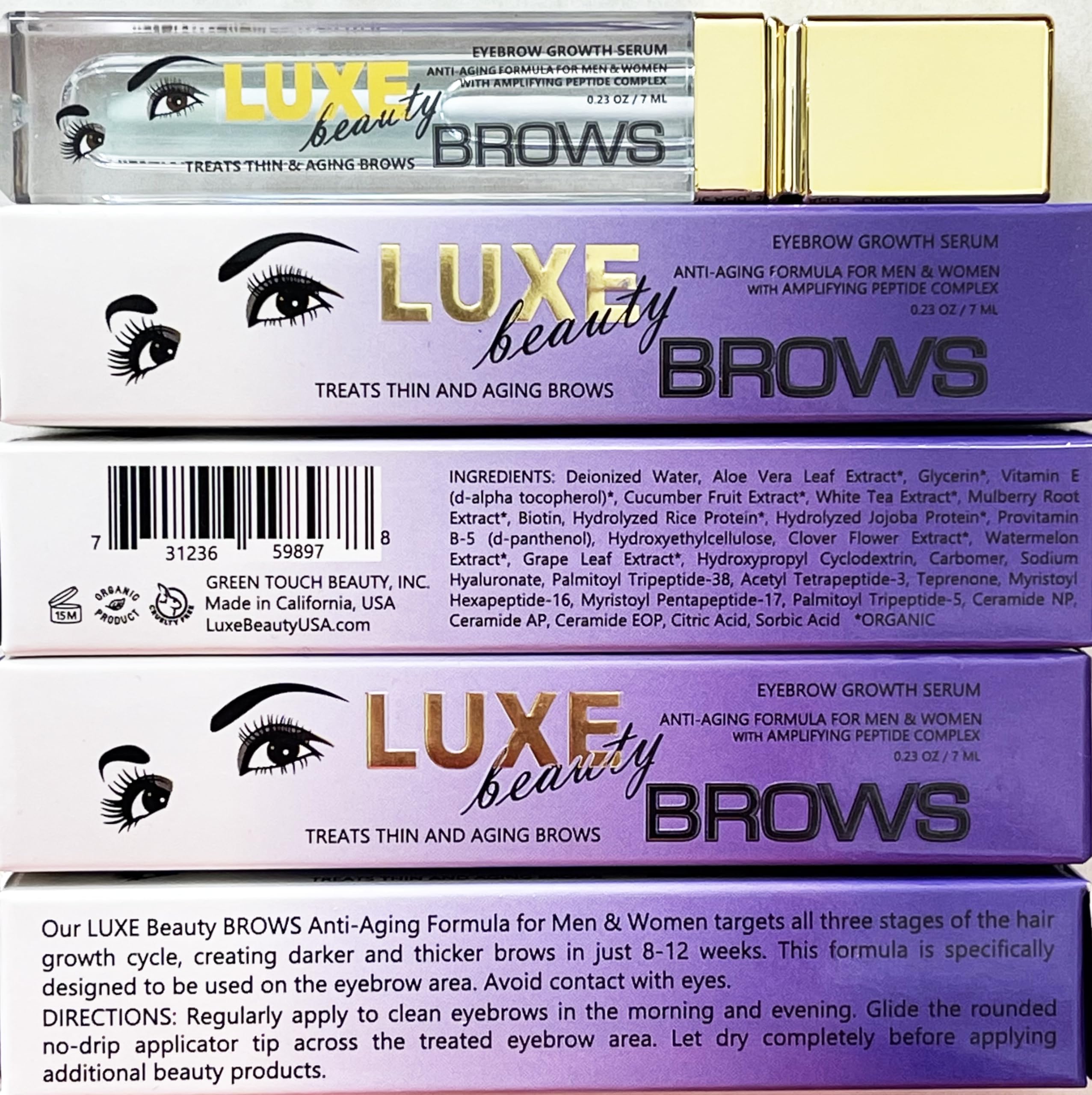 Luxe Beauty BROWS close-up eyebrow detail highlights healthy, nourished strands