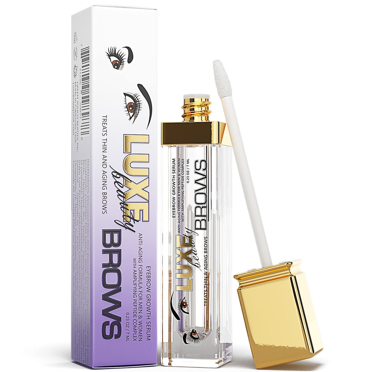 Luxe Beauty BROWS serum bottle close-up showing premium brow care for fuller eyebrows