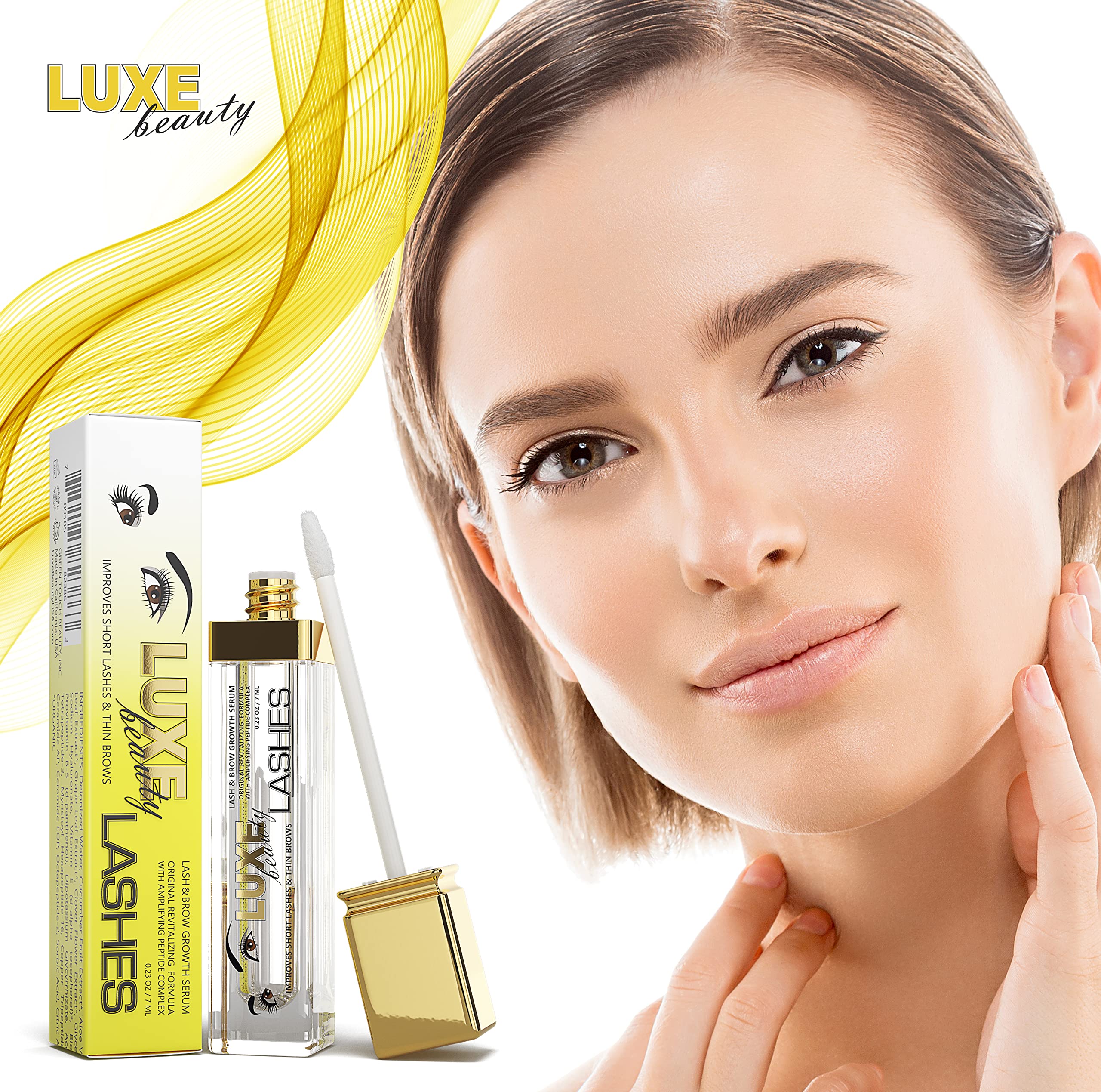 LUXE Beauty LASHES bottle beside ingredient list featuring vitamins and botanicals.