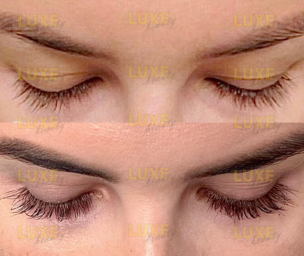 LUXE Beauty LASHES packaging highlights premium ingredients and peptide complex.