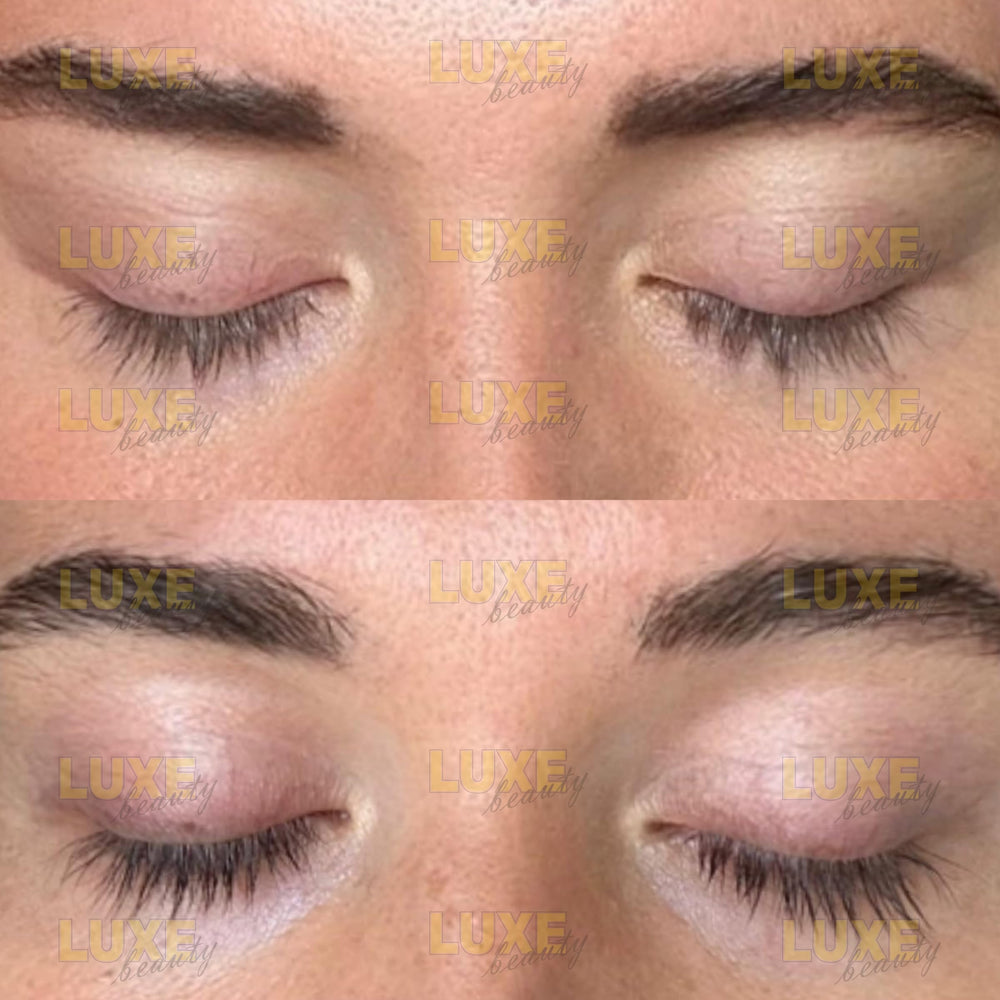 LUXE Beauty LASHES serum on lids demonstrates lightweight, residue-free formula.