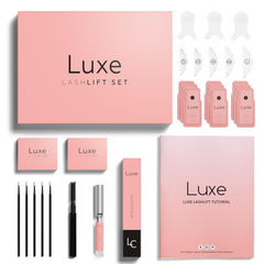 Luxe Cosmetics Lash Lift Kit Pro Version close-up of packaging and tools for easy application.