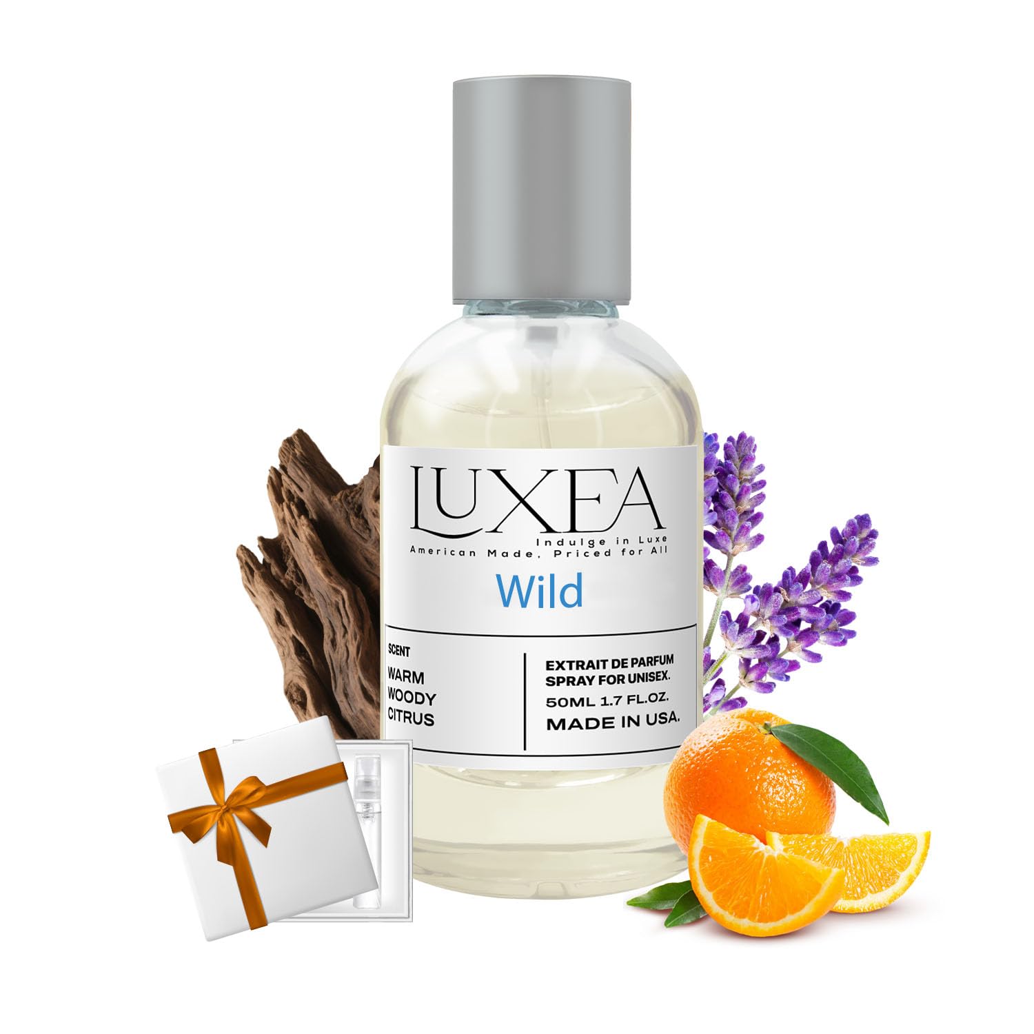 LUXEA Wild bergamot top note bottle for bright daytime impact.