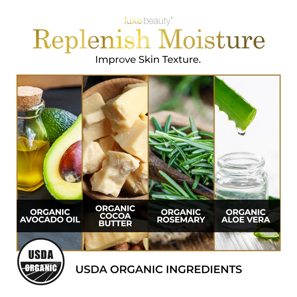 LUXEBEAUTY bottle highlighting organic raspberry seed oil as an active ingredient