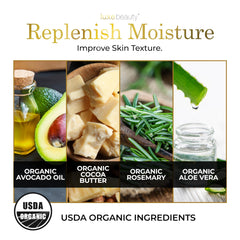 LUXEBEAUTY bottle highlighting organic raspberry seed oil as an active ingredient