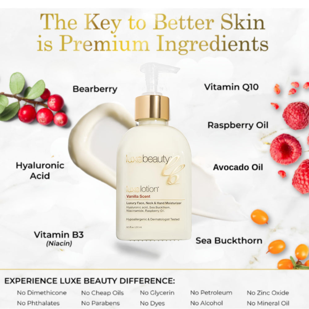 LUXEBEAUTY Vanilla Lotion spa-like bathroom scene highlighting luxury routine.