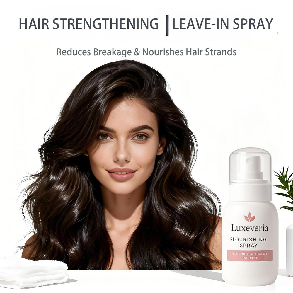 Luxeveria Flourishing Spray mist being spritzed onto hair for even coverage