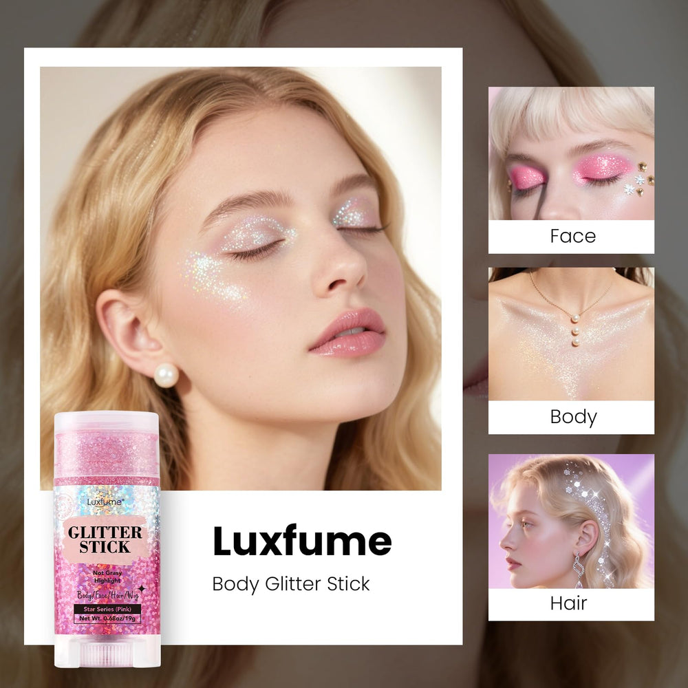 Luxfume festival-ready glitter adds shimmering accents to hair and body.
