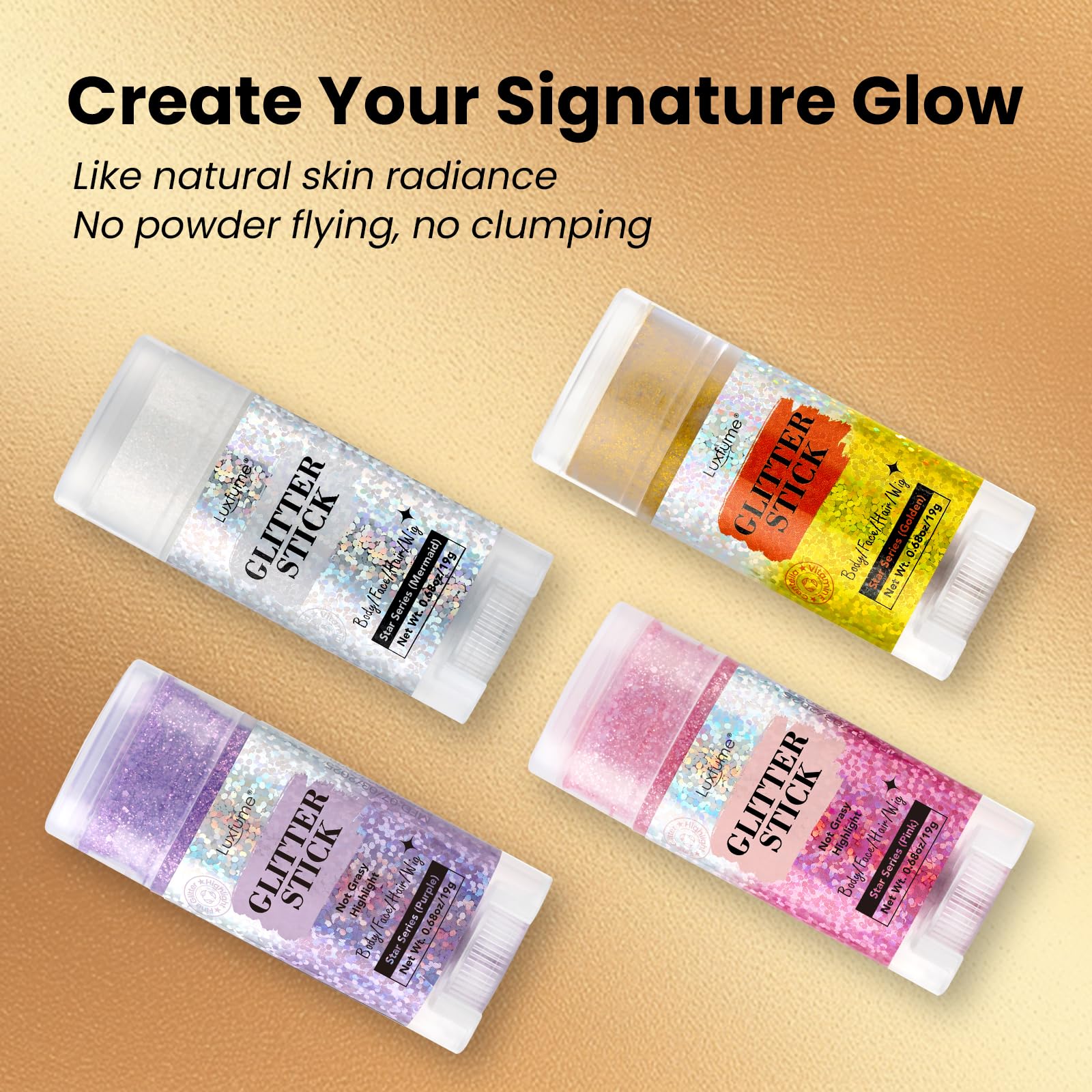 Luxfume glitter stick creates subtle glow on shoulders and neckline.