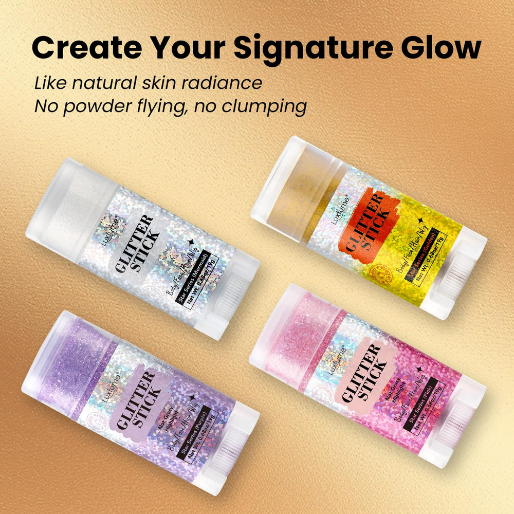 Luxfume glitter stick creates subtle glow on shoulders and neckline.