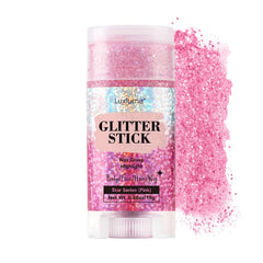 Luxfume pink glitter stick for hair and body adds shimmering color for festive looks.
