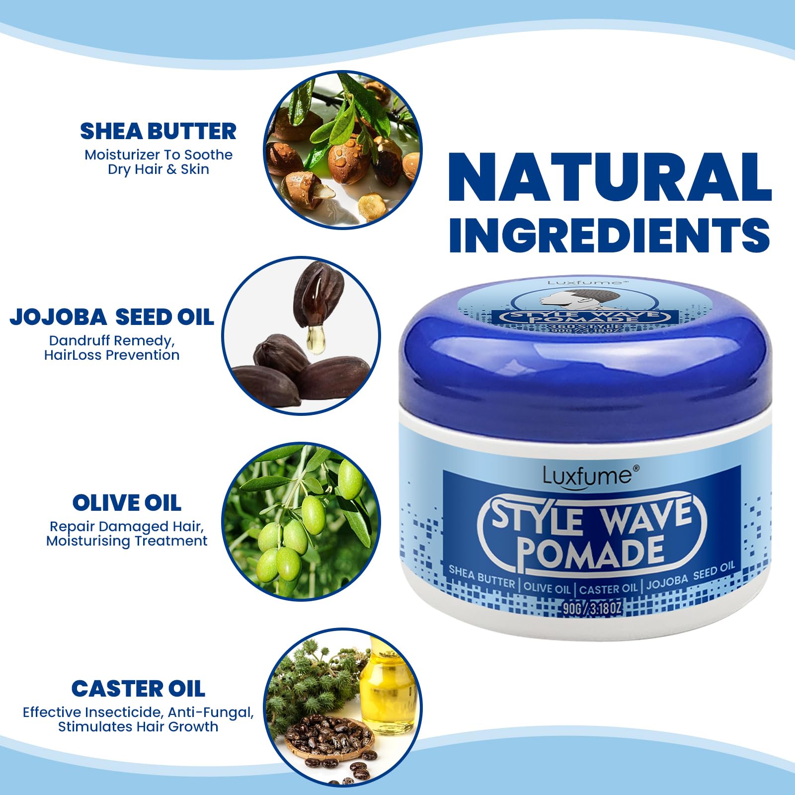 Luxfume pomade with shea butter and jojoba oil supports scalp nourishment.