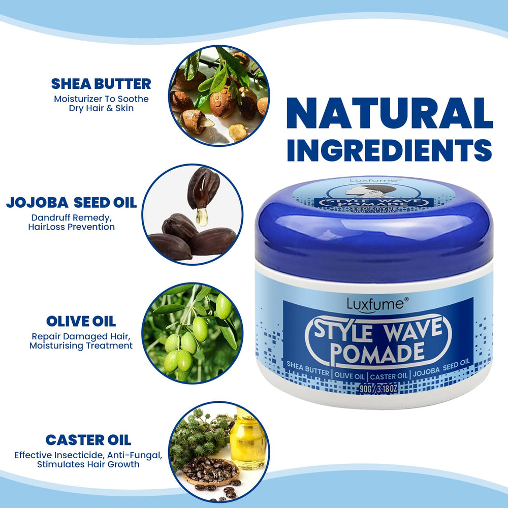 Luxfume pomade with shea butter and jojoba oil supports scalp nourishment.