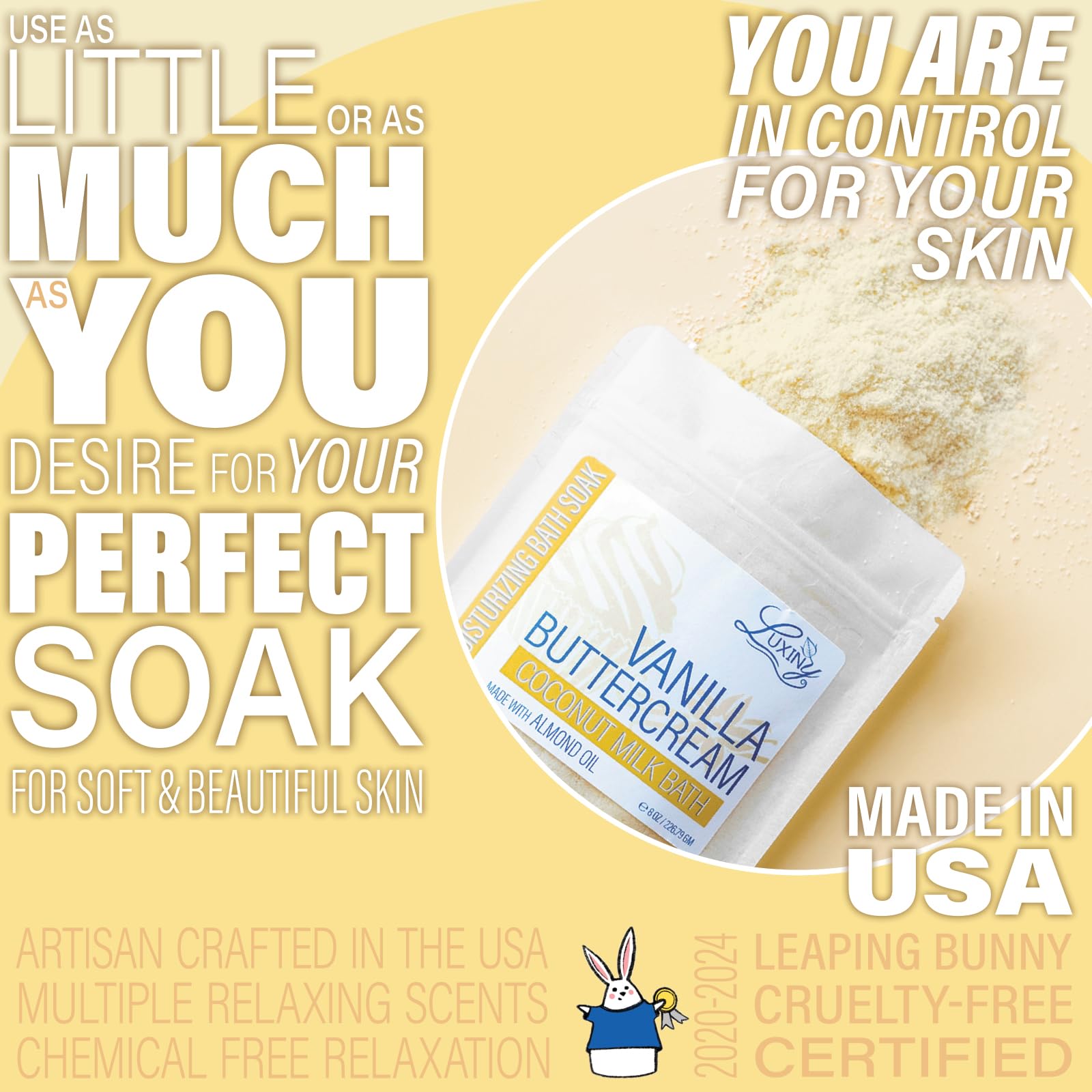 Luxiny spa-like bath foam image suggests relaxing, airy bubbles