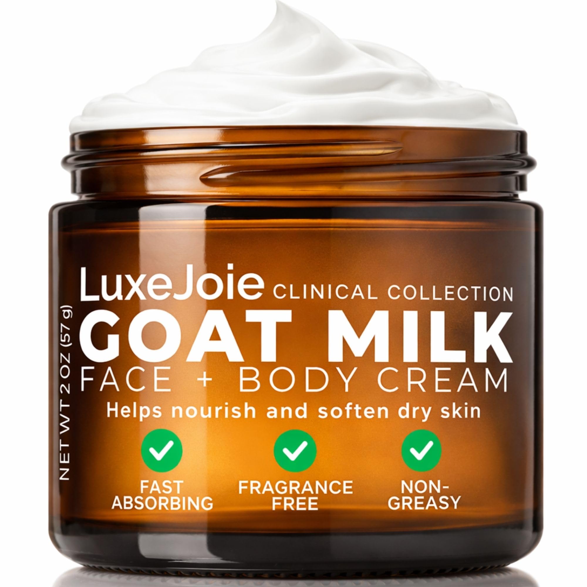 LuxJoie Goat Milk Moisturizer texture swatch shows creamy, non-greasy absorption for all skin types.