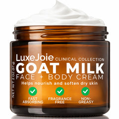 LuxJoie Goat Milk Moisturizer texture swatch shows creamy, non-greasy absorption for all skin types.