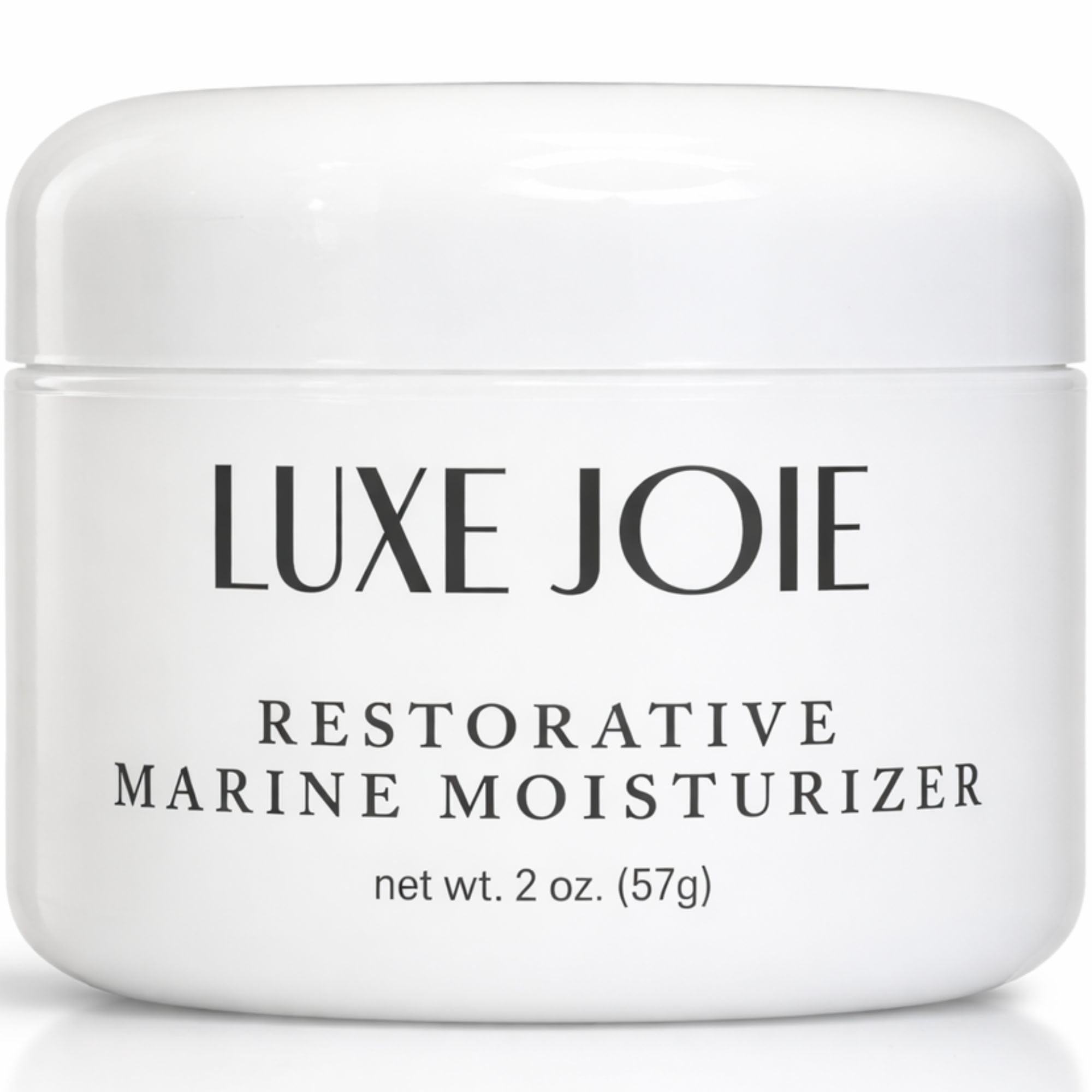 LuxeJoie Restorative Marine Moisturizer bottle highlighting lightweight hydration for sensitive skin