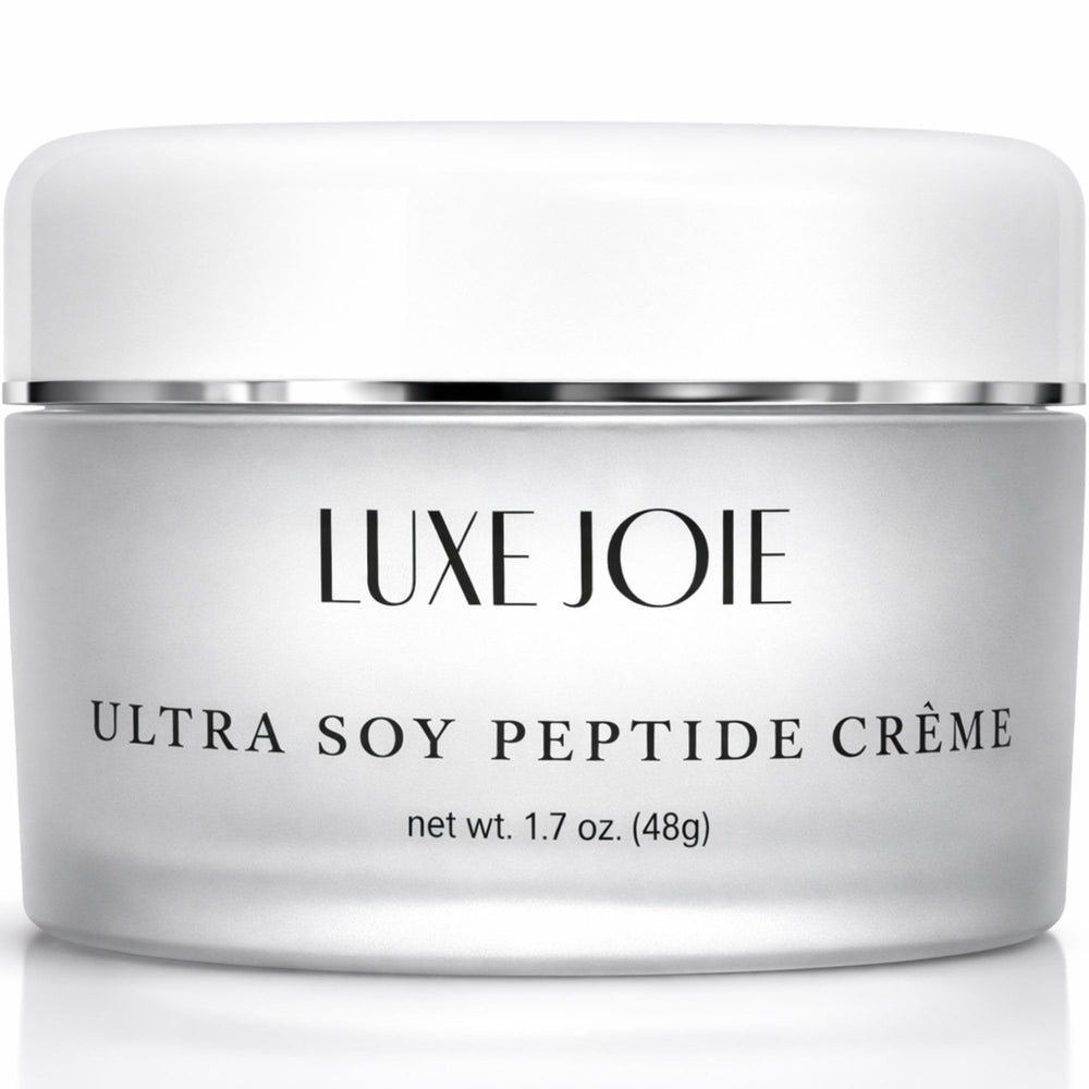 LuxeJoie Ultra Soy Peptide Cream jar closeup, showcasing fast-absorbing formula for dry skin