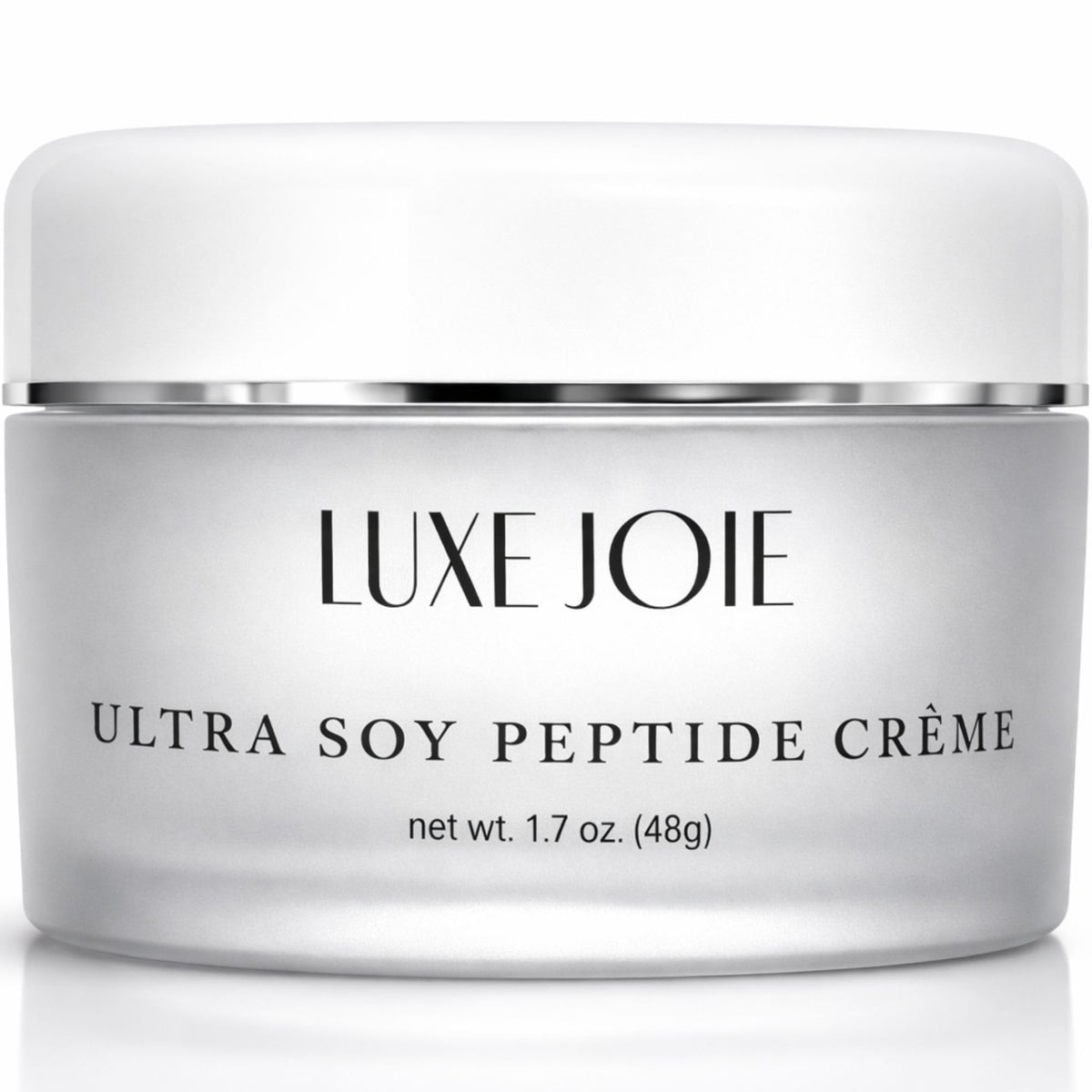 LuxeJoie Ultra Soy Peptide Cream jar closeup, showcasing fast-absorbing formula for dry skin