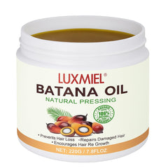 Luxmiel Batana Oil bottle close-up showing pure oil texture and packaging