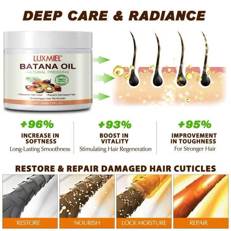 Luxmiel Batana Oil droplets on hair for nourishment