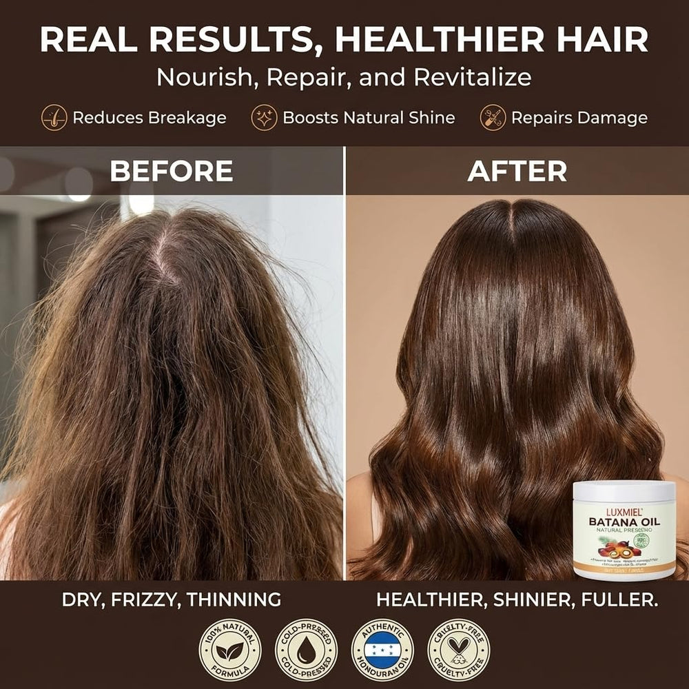 Luxmiel Batana Oil hair after use with shiny, strengthened strands