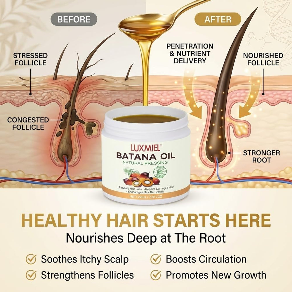 Luxmiel Batana Oil ingredients list showcasing pure, unrefined nutrients