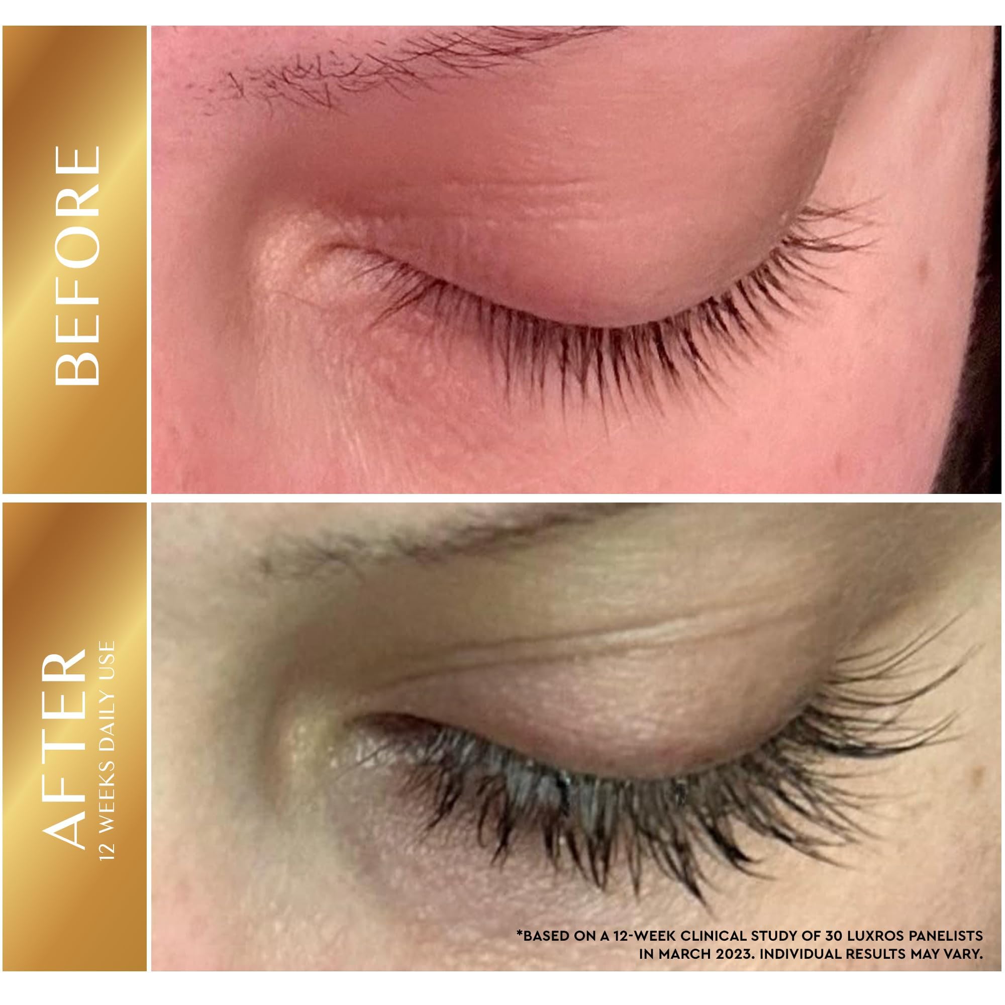 Luxros Eyelash Growth Serum brush close-up highlighting easy single-dip use