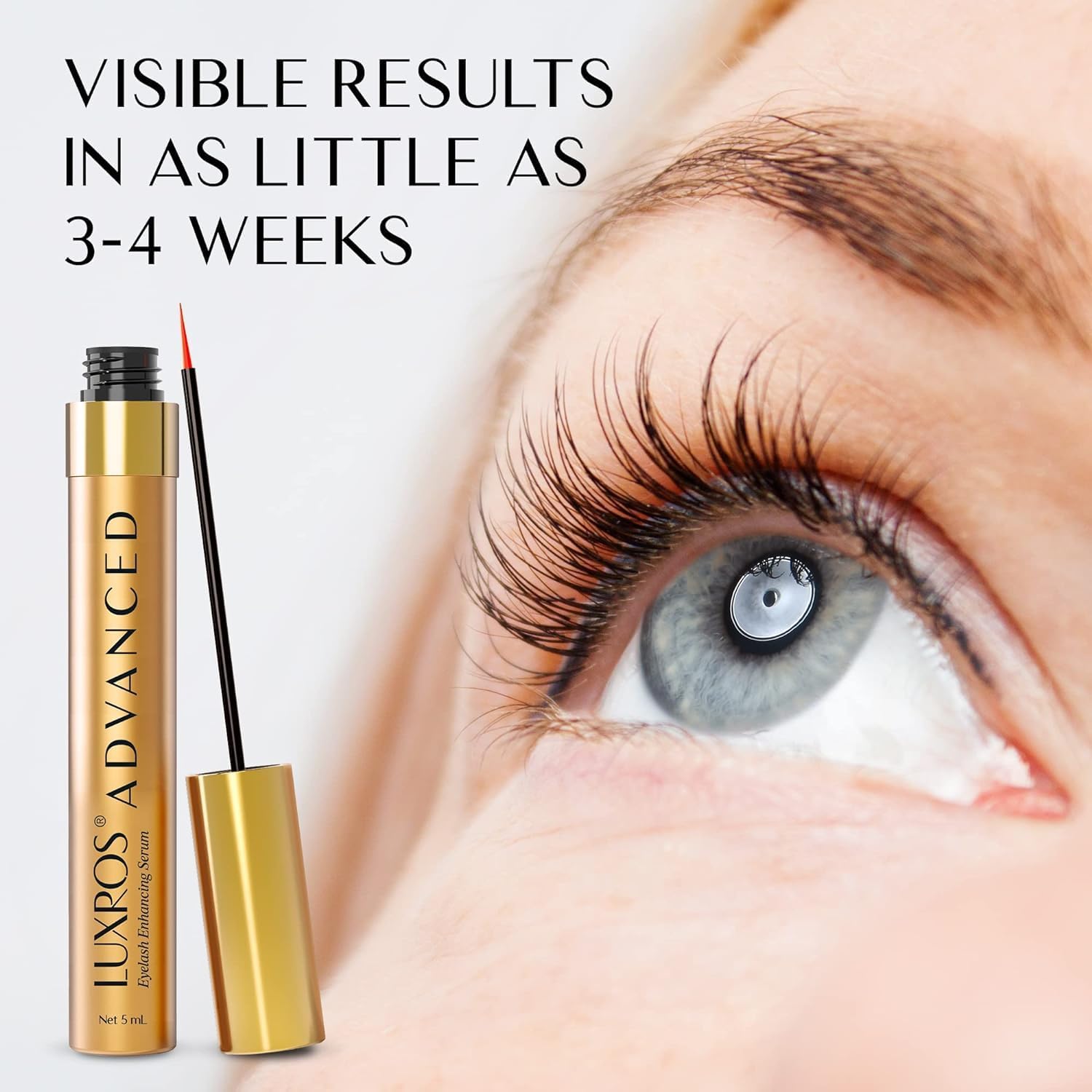 Luxros Eyelash Growth Serum made in USA label highlighting plant-based care