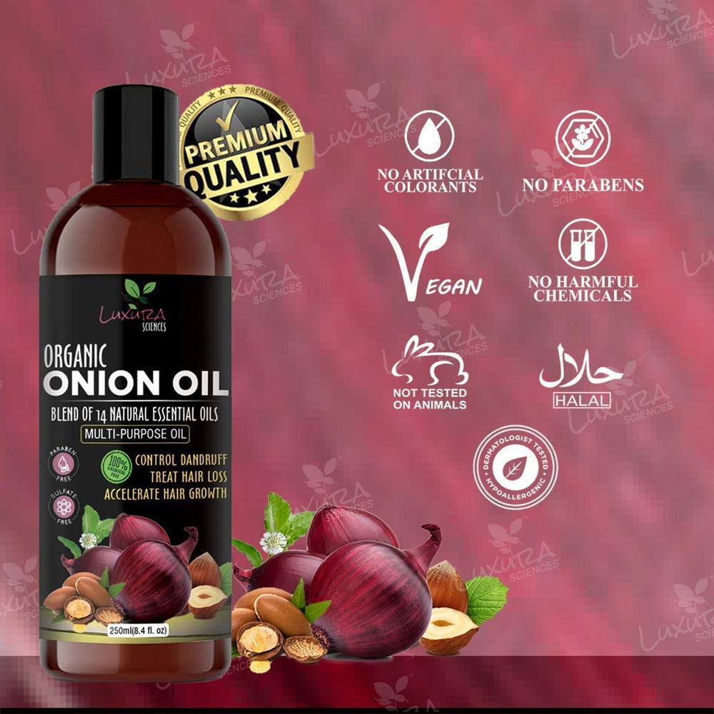 Luxura Sciences Organic Onion Oil highlights a sulfate free formula with natural fragrance