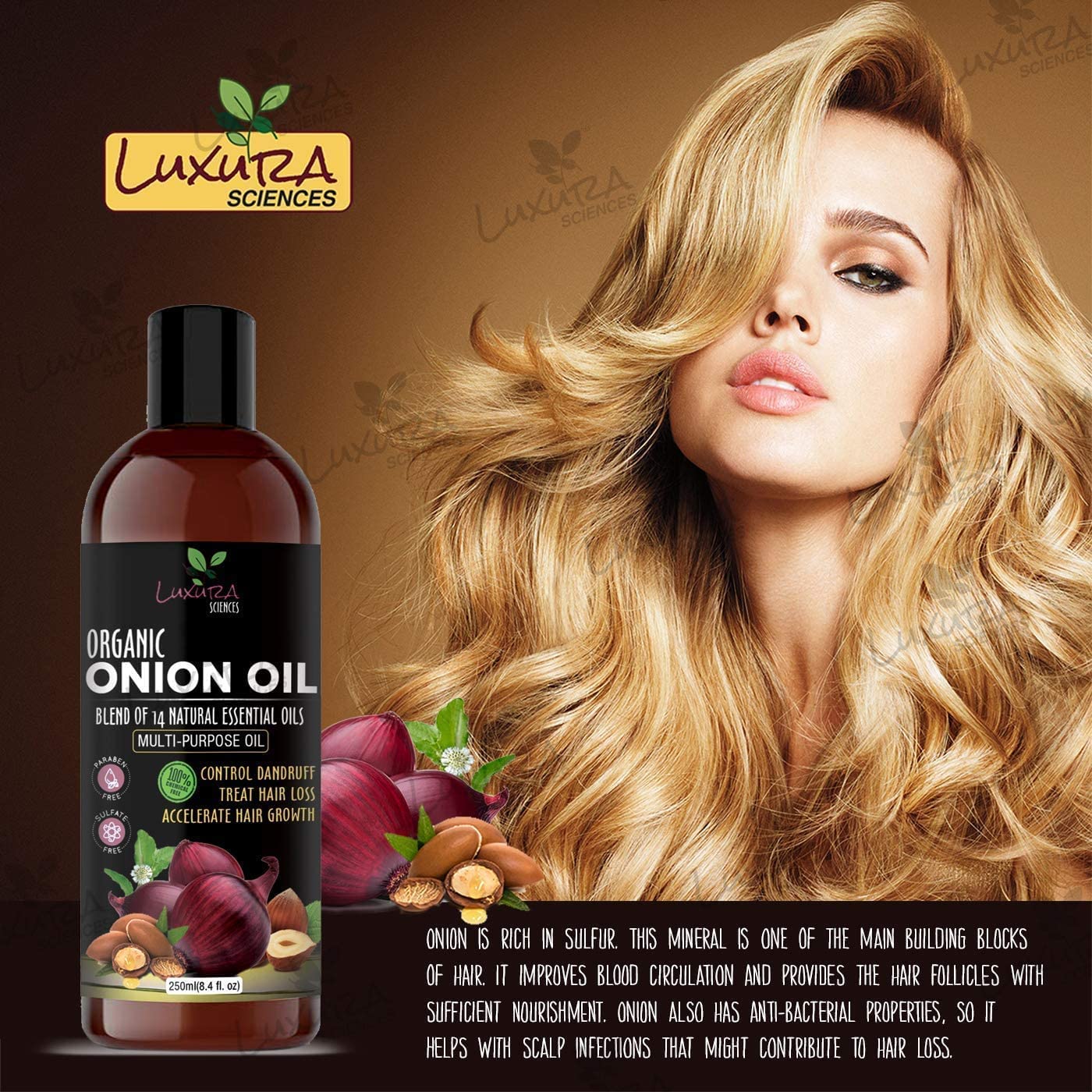 Luxura Sciences Organic Onion Oil with argan and hibiscus supports deep conditioning