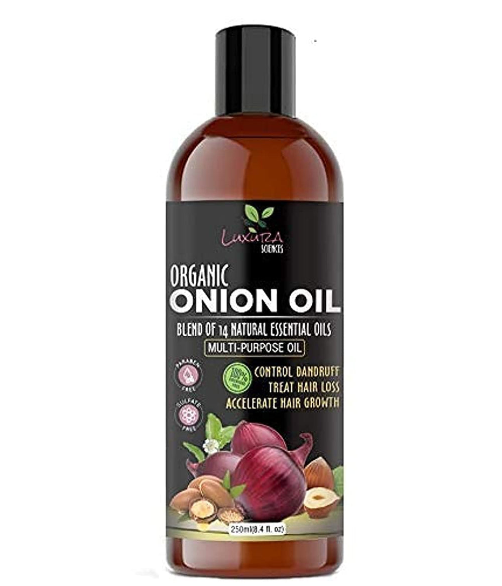 Luxura Sciences Organic Onion Oil bottle pour showing multipurpose care for healthier shine