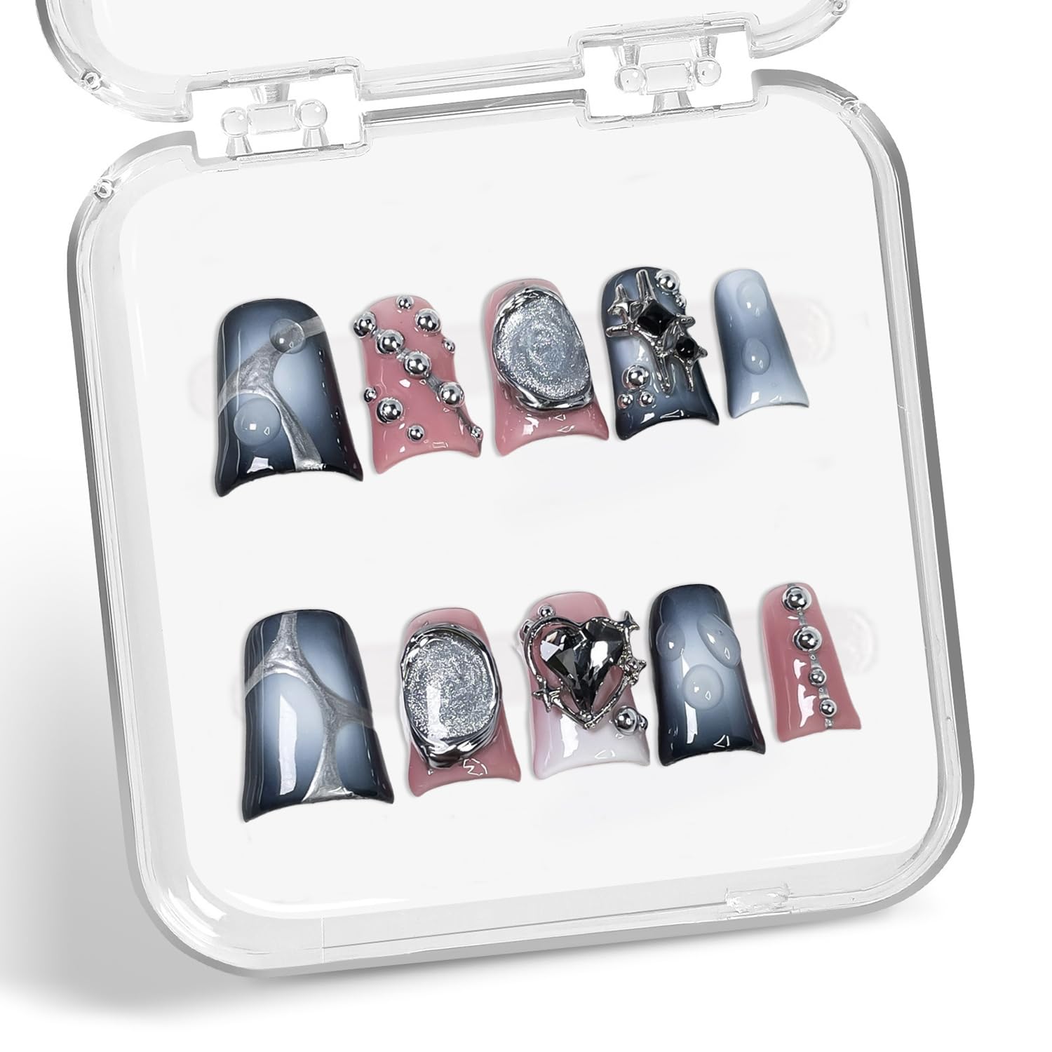 Handmade press on nails with 3D steel ball and heart embossing for elegant events.