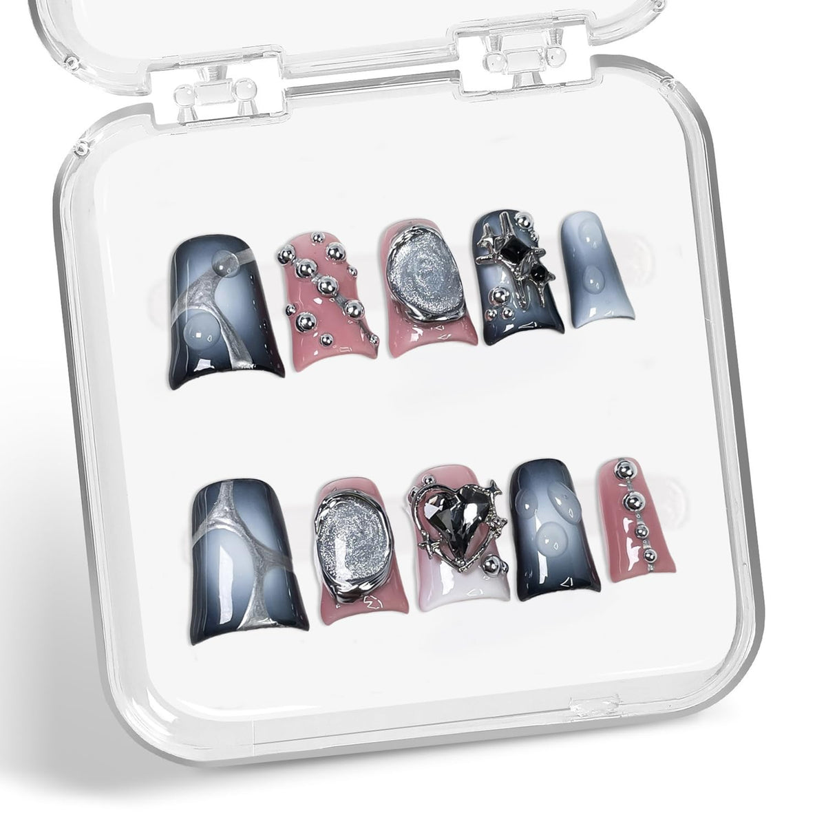 Handmade press on nails with 3D steel ball and heart embossing for elegant events.