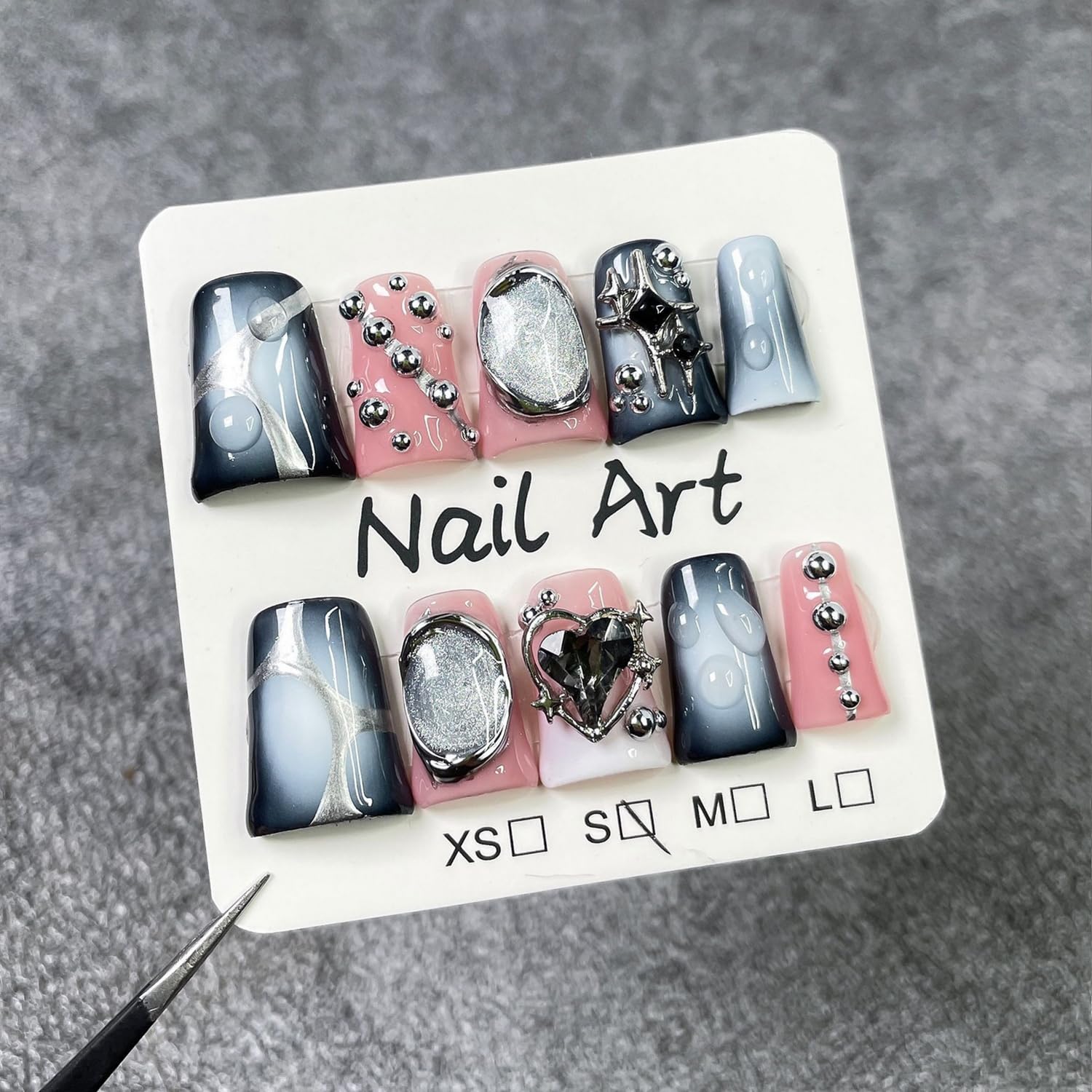 Handmade press on nails in black to gray gradient for versatile daily wear.