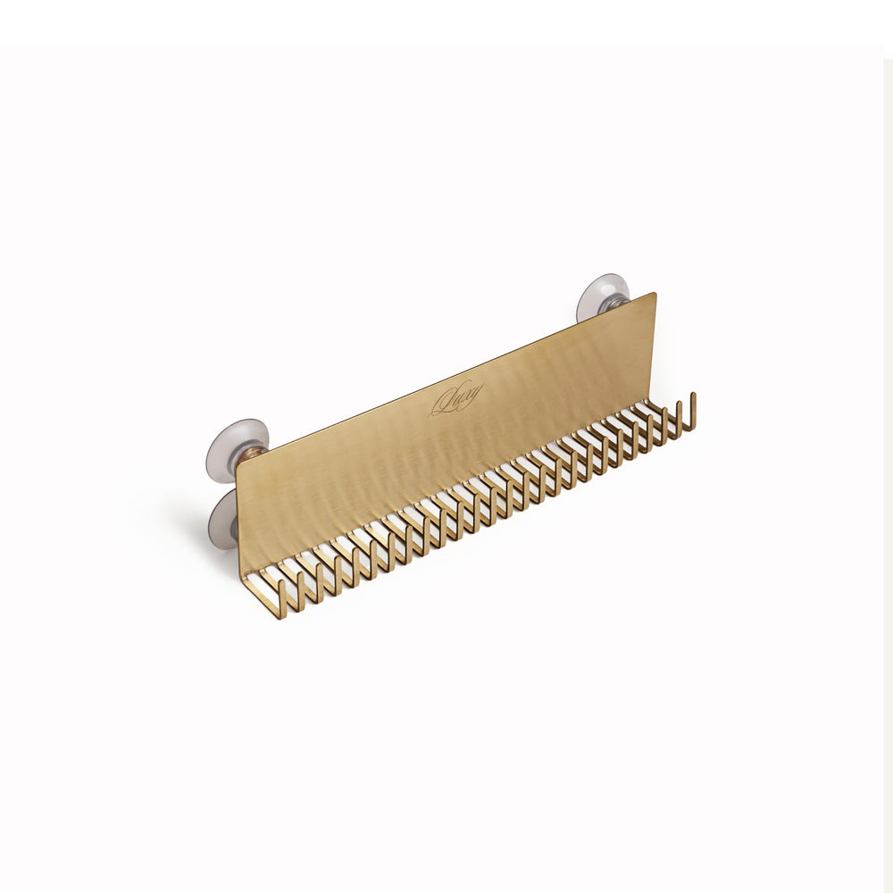 Luxy Deluxe Styler Holder top view shows brushed gold steel for organized extensions