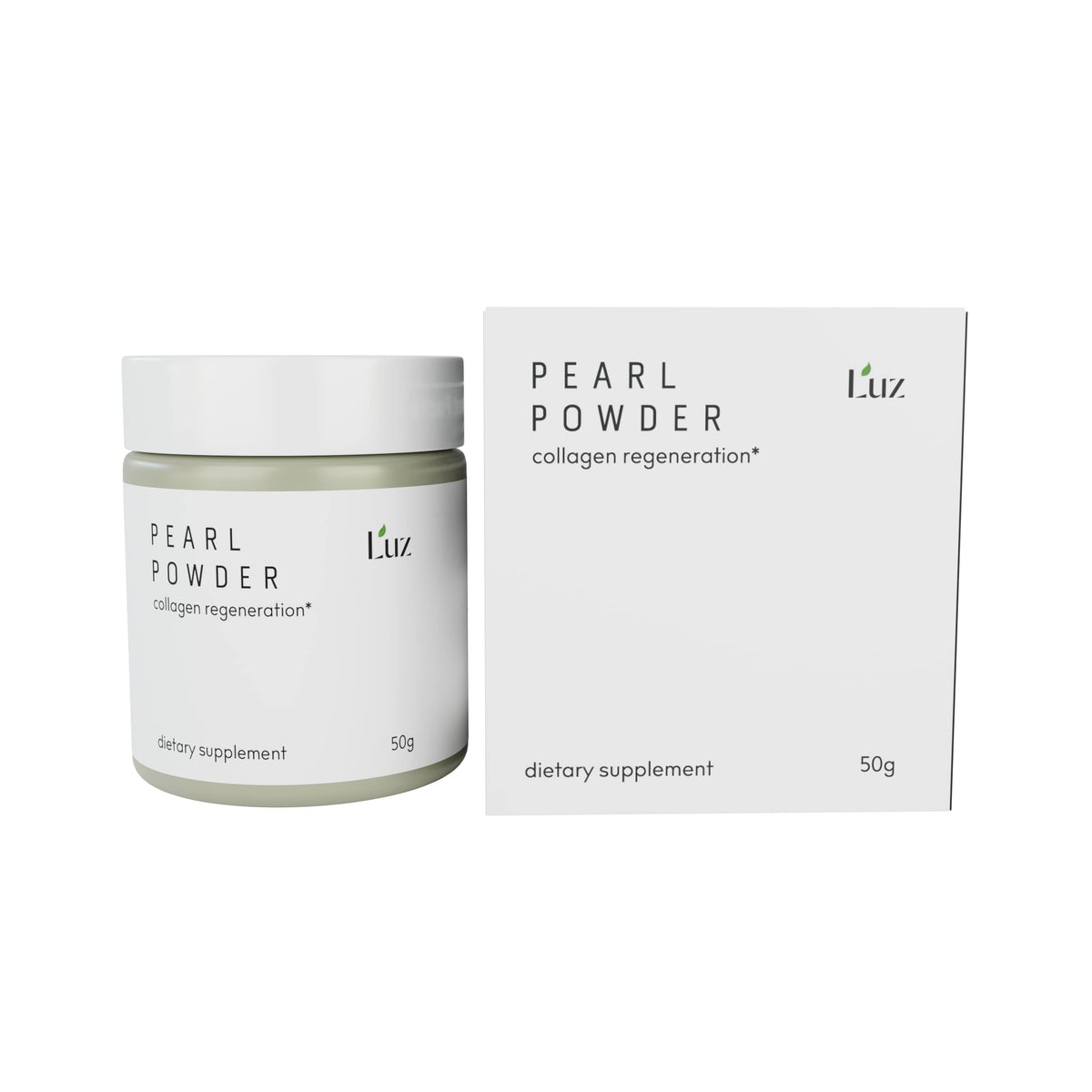 Luz Pearl Powder bottle close-up showcasing premium levigated pearl for skin support