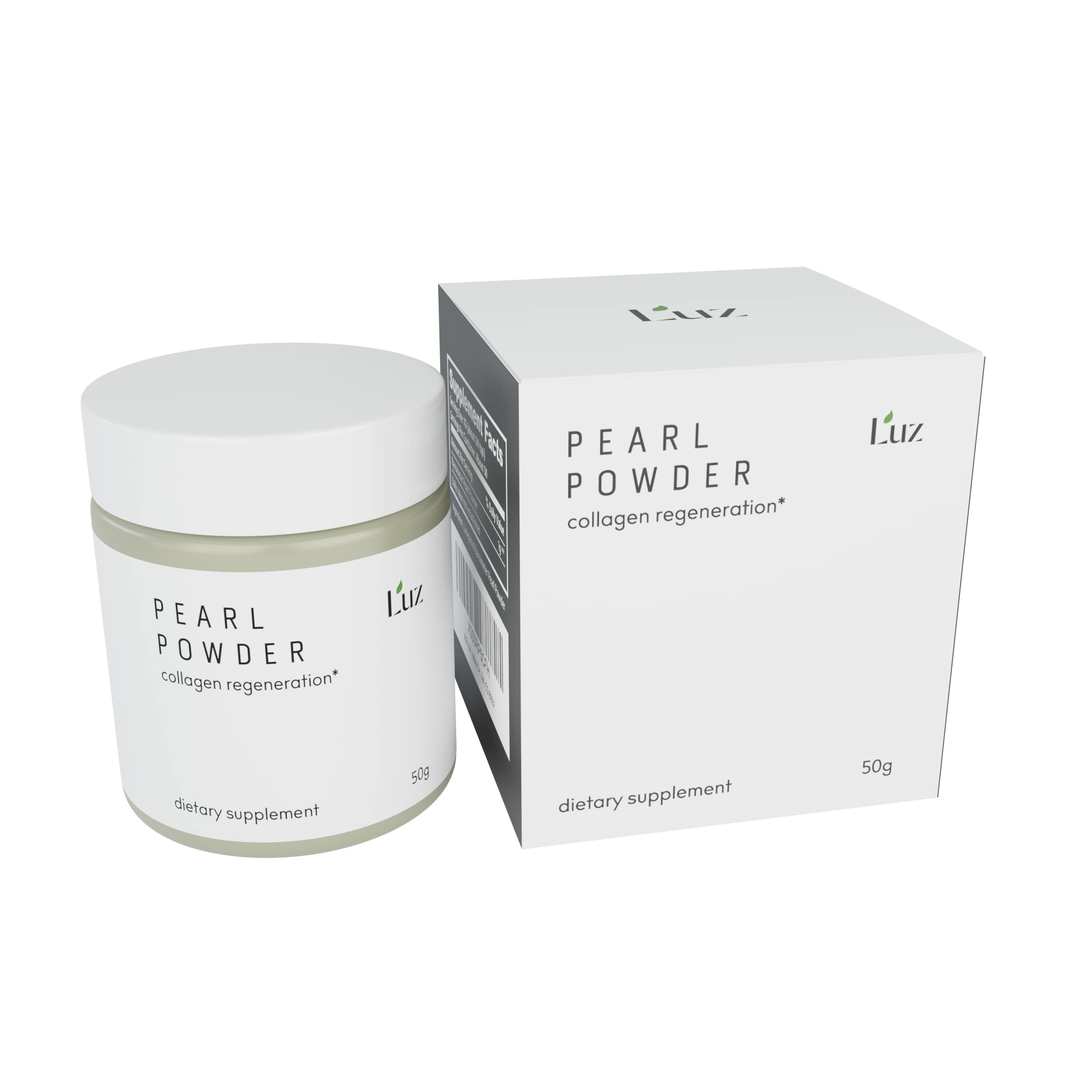 Luz Pearl Powder label close-up highlighting premium ingredients for skin health
