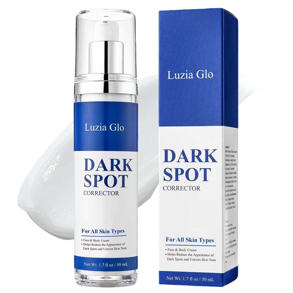 Luzia Glo dark spot corrector bottle shown for daily facial use to even skin tone.