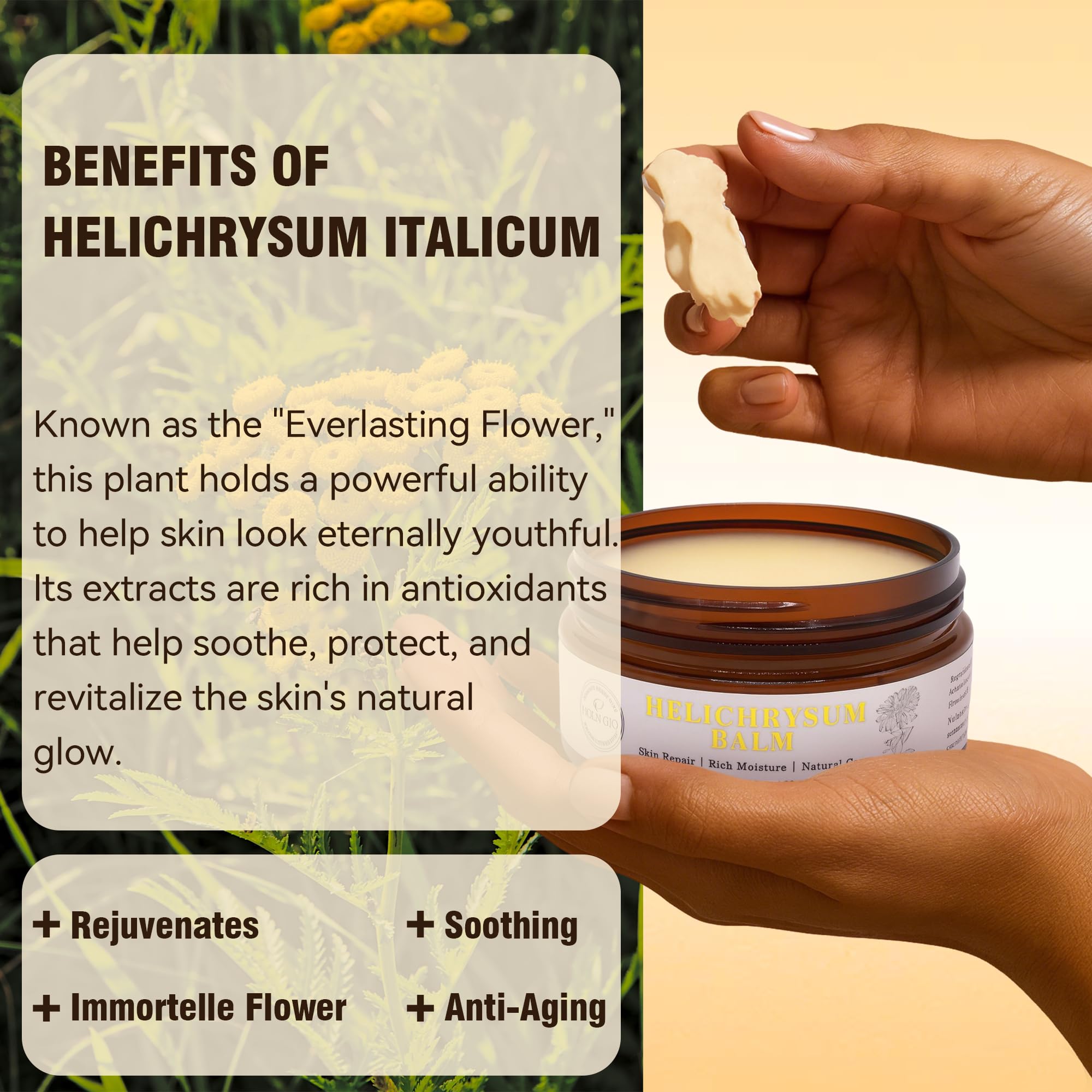 Packaging image for Luzia Glo Helichrysum Healing Balm emphasizing quality