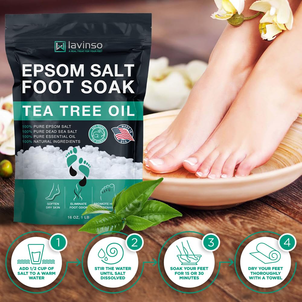 LV LAVINSO Epsom salts close up with crystals for soothing feet.