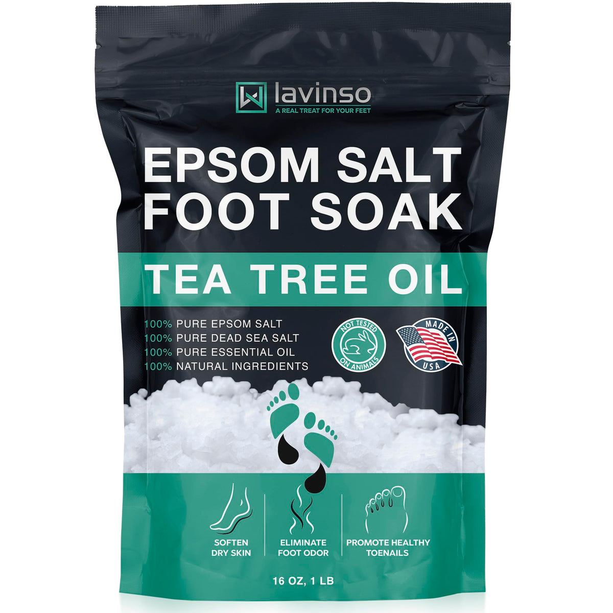 LV LAVINSO Tea Tree Oil Foot Soak in tub for spa-like cleansing.