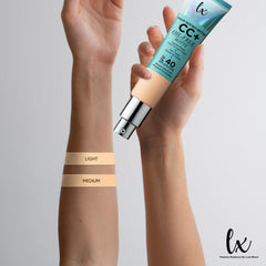 LX Blend CC+ Cream in application showing even, oil-free matte coverage.