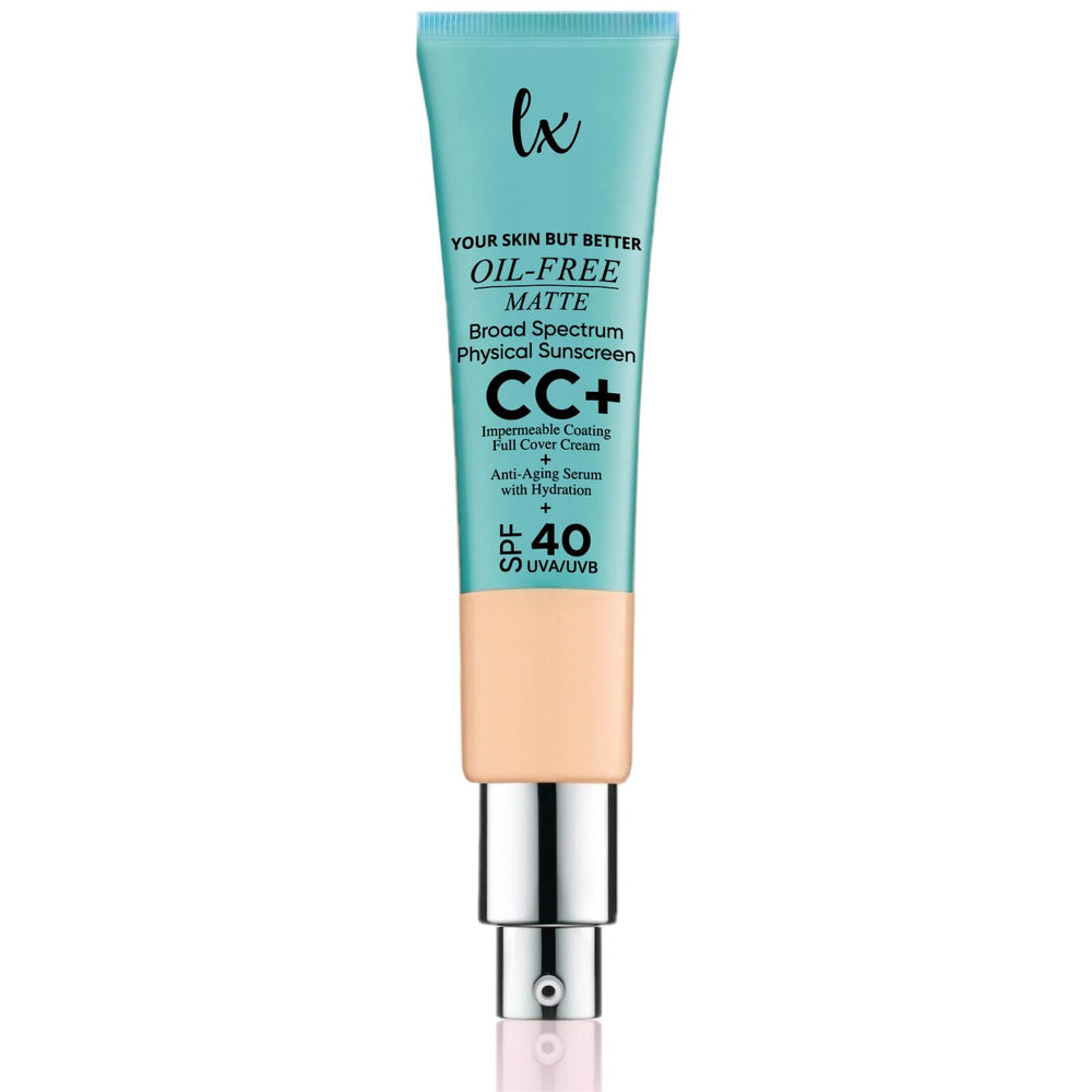 Flawless Radiance LX Blend CC+ Cream bottle with oil-free matte finish and SPF 40.