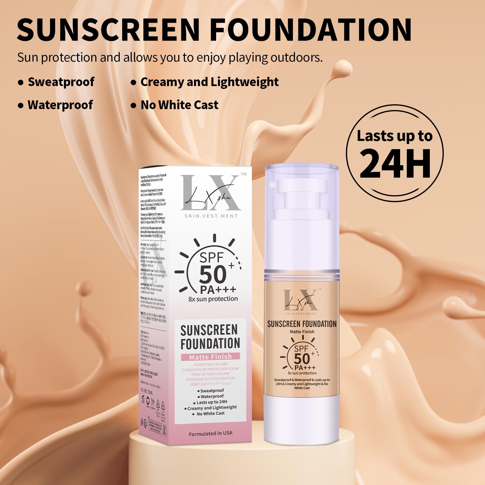 LXSKN 3-in-1 foundation SPF 50++ pump bottle close-up