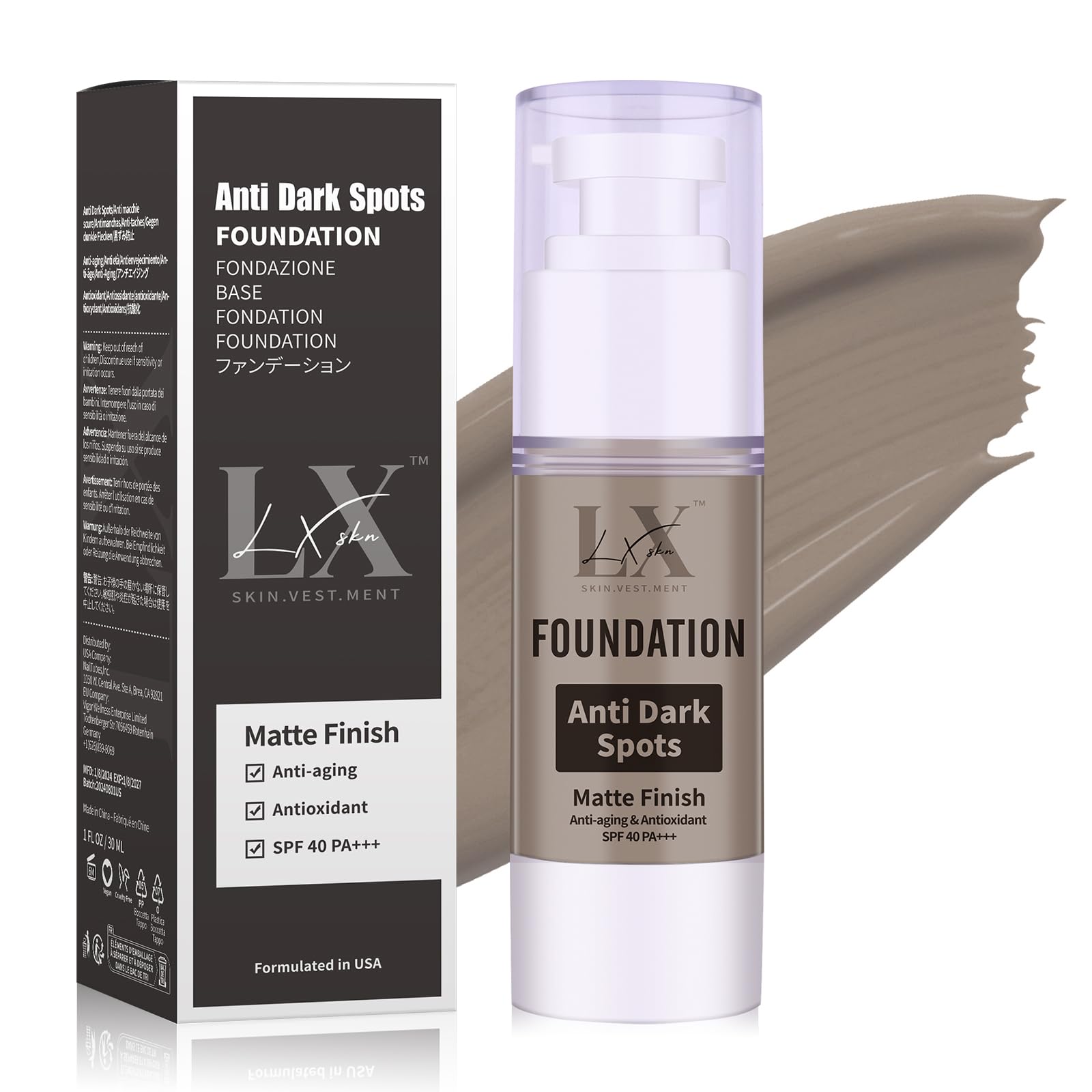 LXSKN Anti-Dark Spot Foundation bottle showing high-coverage satin finish.